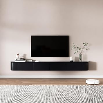 Floating TV Unit, Mounted TV Stand with Flip-Down Doors & Side door, Storage TV Bench Under TV for Bedroom Livingroom (Black+LED, 180CM)