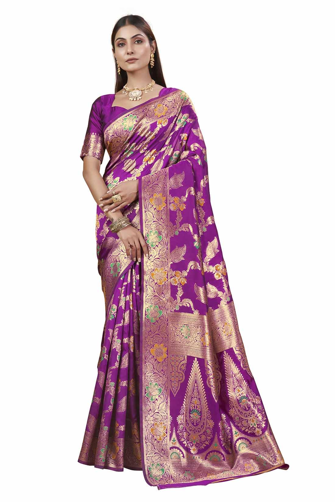 Sugathari Women's Wine Kanjivaram Banarasi Silk Saree For Patola Festival Wedding Silk With Rich Pallu Design Sarees For Women With Blouse Piece (San Jm 5 Wine)