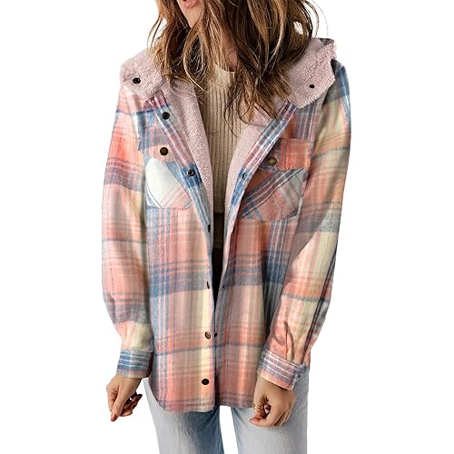 Dokotoo Womens Plaid Shacket Jacket Long Sleeve Button Down Fleece Hooded Jackets Warm Coat