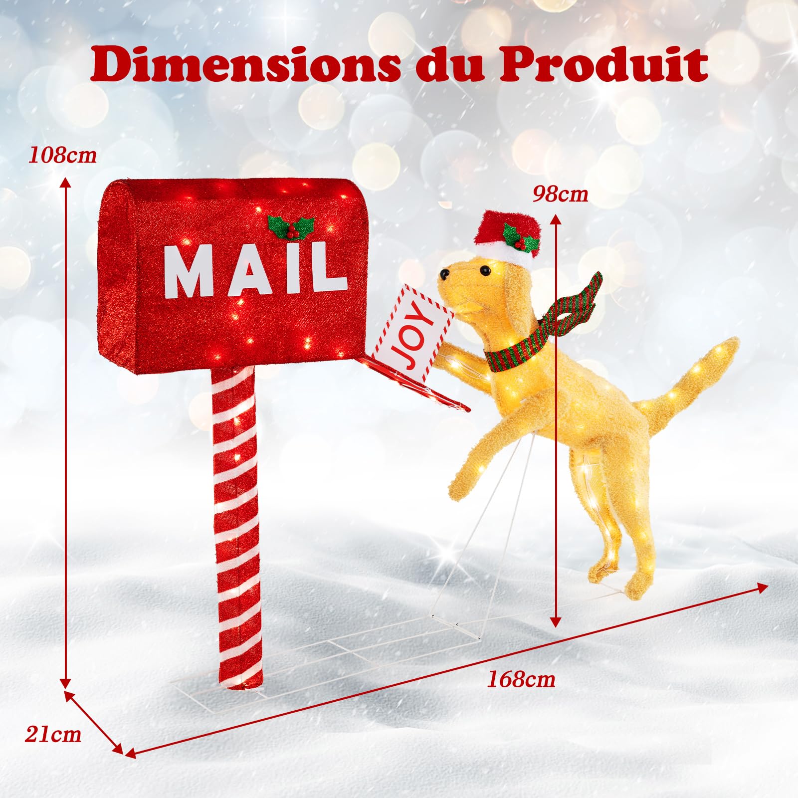 COSTWAY Boîte aux Lettres de Noël et Chien de 108 CM, Décoration de Noël Illuminée avec 120 LED Blanc Chaud, Résistante aux Intempéries avec Attaches et Piquets pour Extérieur