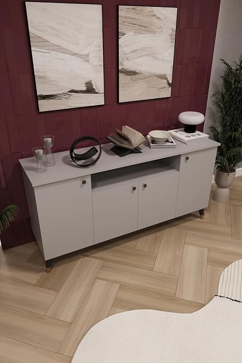 ASRA TREND Lüks Konsol TV Ünitesi%100 MDF Salon ve Yemek Odası Ünitesi KNSL-02 Kül Gri 160x80x45 cm 4 Kapaklı 1 Açık Raflı Modern Büfe