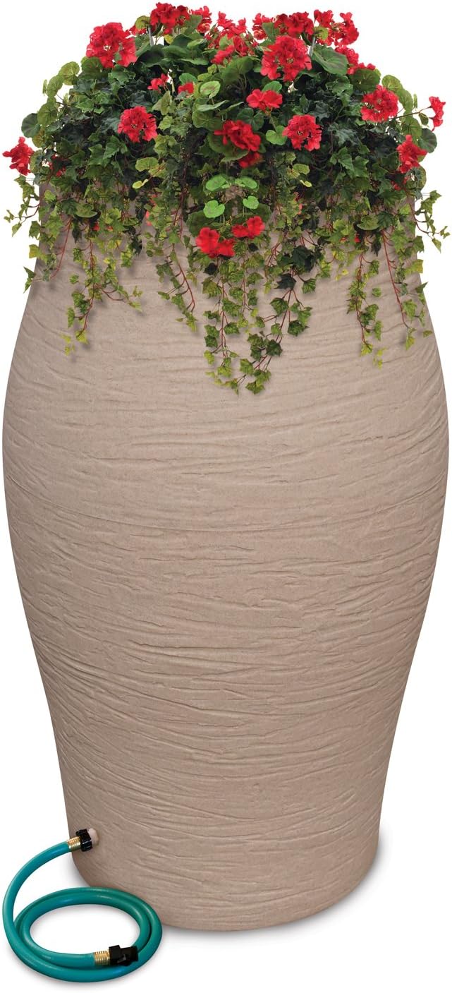 Rescue Stoneware Urn Rain Barrel – Includes Planter Rain Water Diverter, Outlet Hose, 85 Gallons, Sand