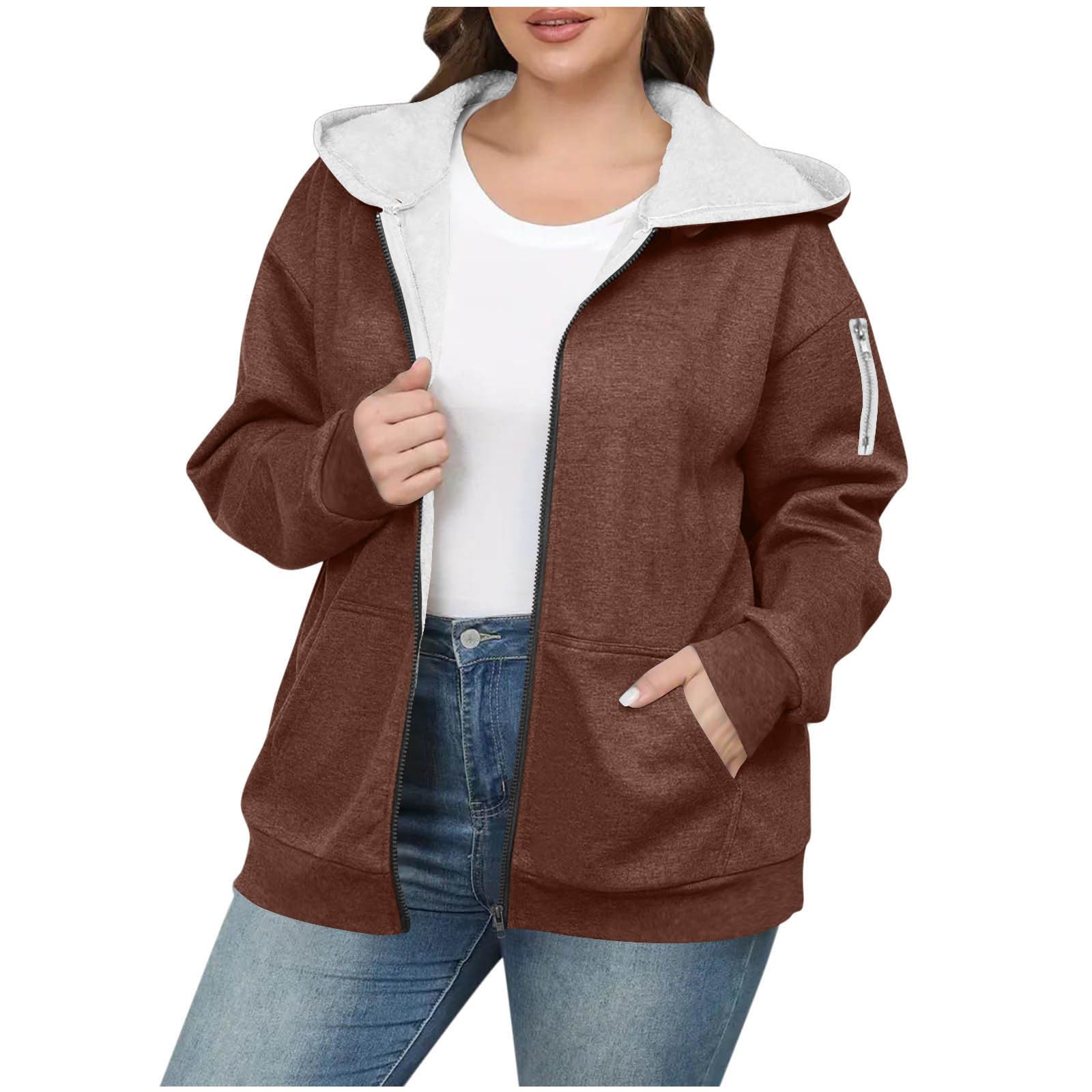 Generisch Winterjacke Damen Warm Sweatjacke Gefüttert Sweatshirt Winter Thermo Kapuzenjacke Elegant Kapuzenpullover Langarm Sportjacke Mit Reissverschluss Winterjacken Mit Taschen Wintermantel Casual