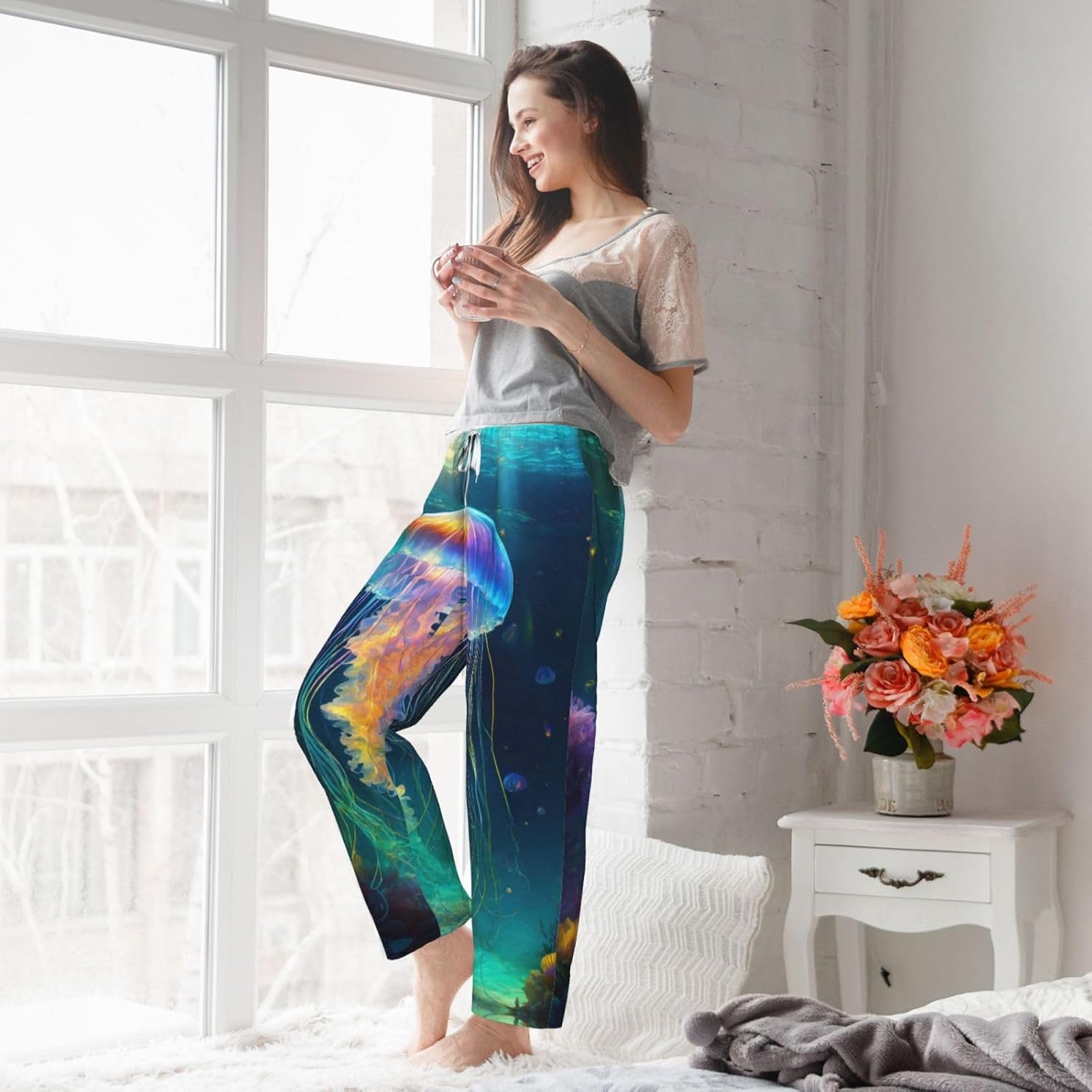 Jellyfish Ocean Print Cozy Christmas Pajama Pants,Flannel Pajama Bottoms,Cater To Various Body Types