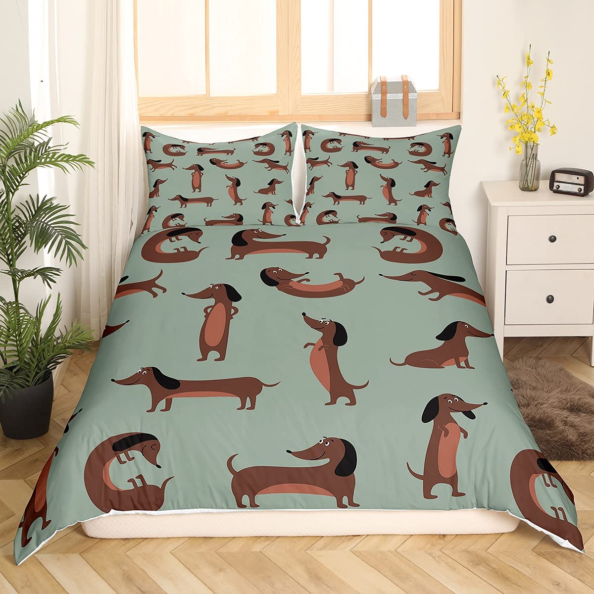 Juego de funda de edredón para niños y niñas, juego de cama de perro salchicha lindo juego de ropa de cama de animales de dibujos animados y ropa de cama para niños y niñas, cachorros, amantes de la