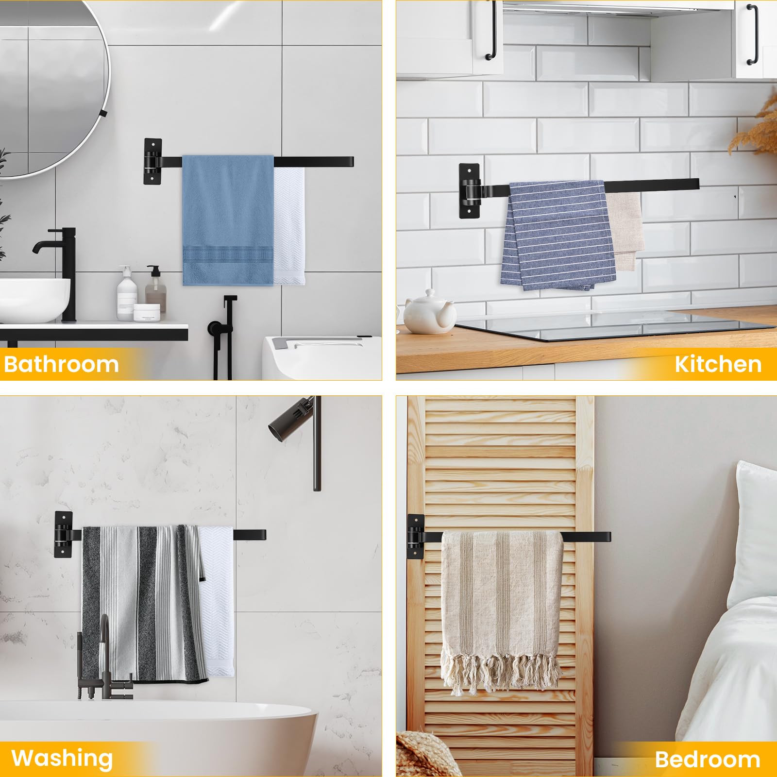 JIZZU Porte-Serviettes 180° Pivotant Salle de Bain, Double Barre Support Mural en Alliage d'Aluminium avec Vis et Adhésif, 32,5 cm, sans Perçage ou Perçage (Noir Mat)