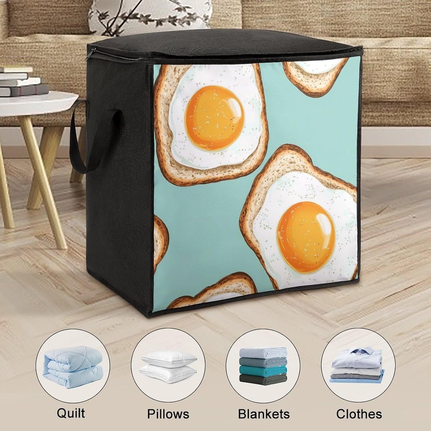 Fried Eggs And Bread Large Comforter Blanket Storage Bags Bins 70L Closet Organizer with Handles