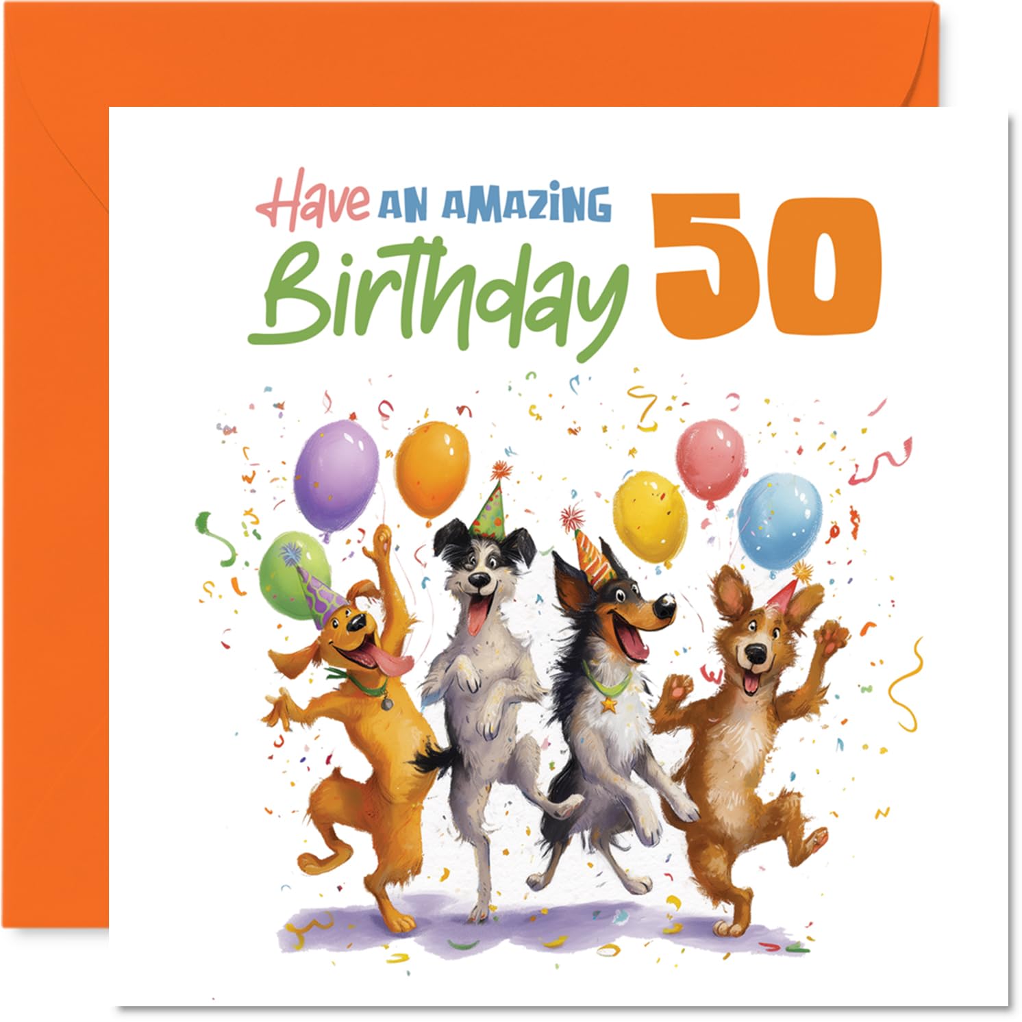 Playful 50th Birthday Card - Bursting with Birthday Cheer - Four Dogs with Balloons and Confetti Celebration - 145mm Square, Envelope Included