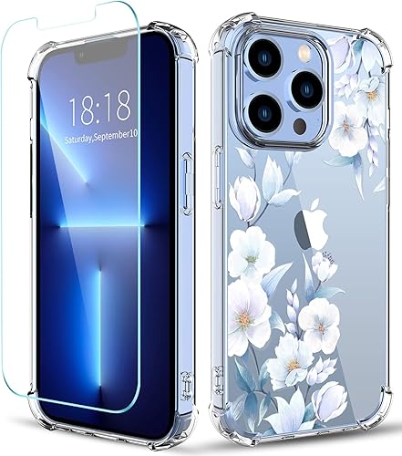 Funda diseñada para iPhone 13 Pro con protector de pantalla, funda transparente floral para mujer, a prueba de golpes, funda protectora de TPU suave