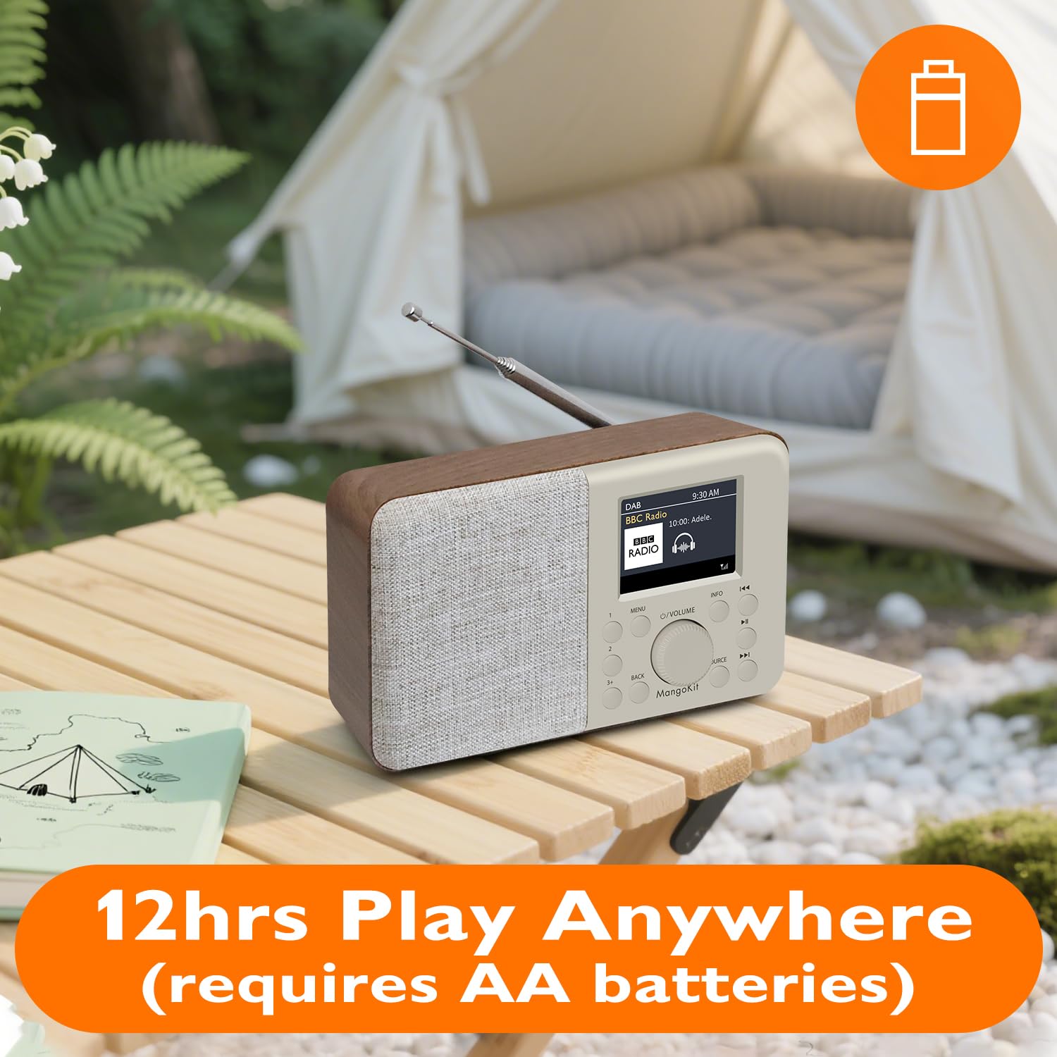 MD3 DAB/DAB+ Digitalradio mit 2.4'' Farbdisplay,UKW Radio,Dab Radio mit Bluetooth 5.3, Tragbarer Radiowecker mit 40 Speicherplätzen,Dual Wecker,Netz-oder Batteriebetrieb (Helles Walnussholz)