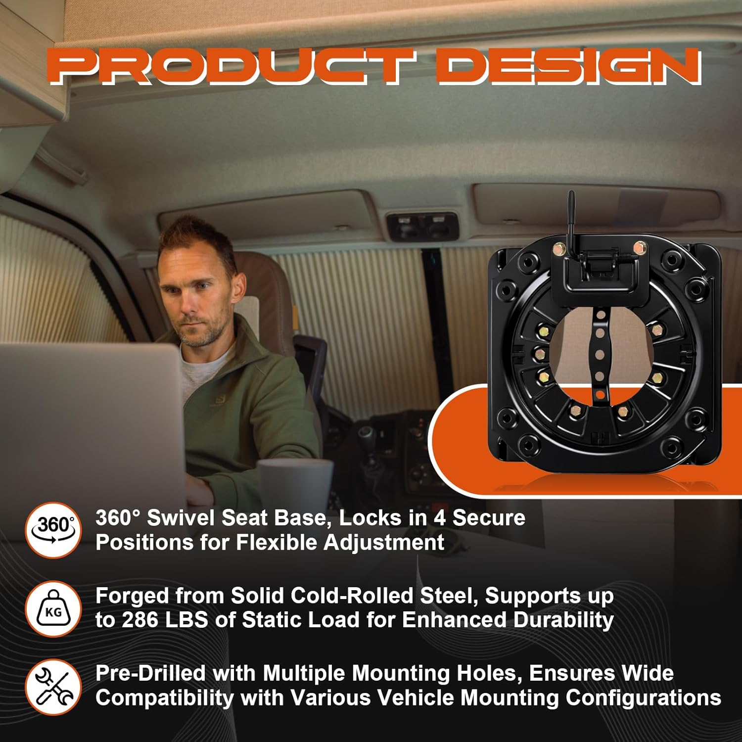 Woanger Swivel Car Seat Base 360° Rotating Heavy-duty Swivel Base 3.0mm Steel Plate & 286.6 Lbs Load Capacity Universal Seat Mount for Rv Van Camper Truck Bus Commercial Vehicle