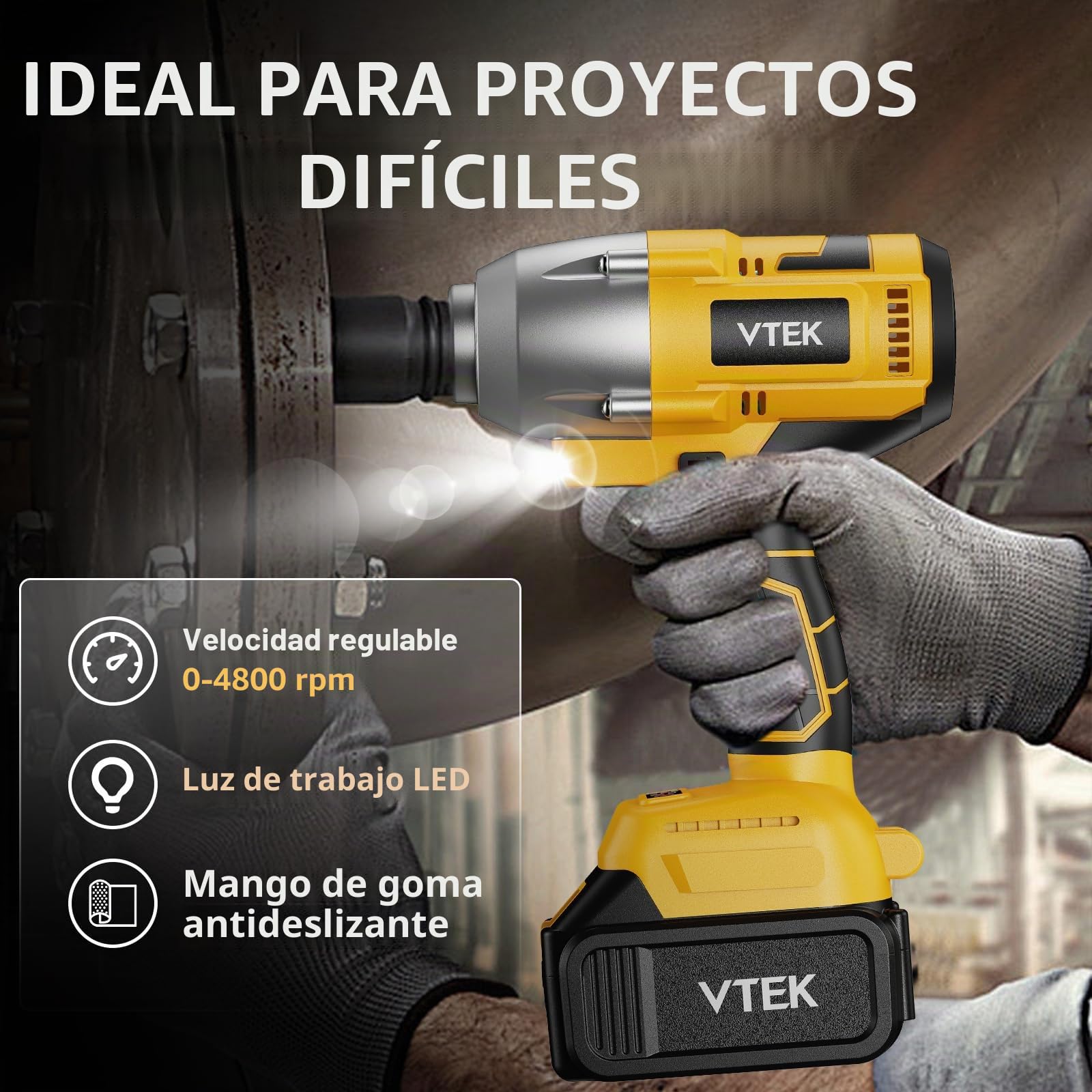 VTEK Llave de impacto sin escobillas portabrocas de 1/2 pulgada, par máximo de 700 N.m, llave de impacto inalámbrica de 500 pies-libras, pistola de impacto para niveles de automóvil