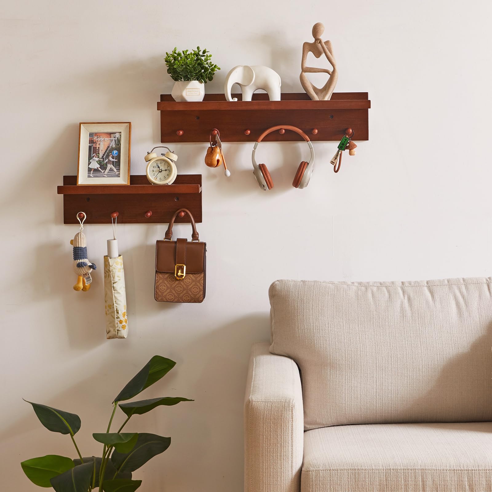 Aibiju Appendiabiti da Parete con Mensola 40 cm, Ganci da Parete in Legno con Contenitore, per Ingresso, Bagno, Cucina, colore Noce YD-WS0240H