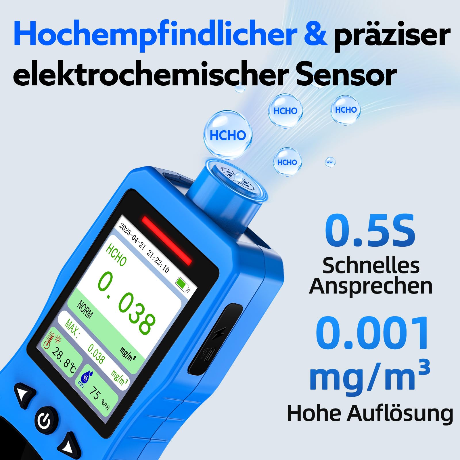 Formaldehyd Messgerät, Wiederaufladbarer HCHO Monitor mit Alarm, Temperatur und Luftfeuchtigkeitsmesser, Formaldehyd Detektor Luftqualitätsmesser für Zuhause und Arbeit