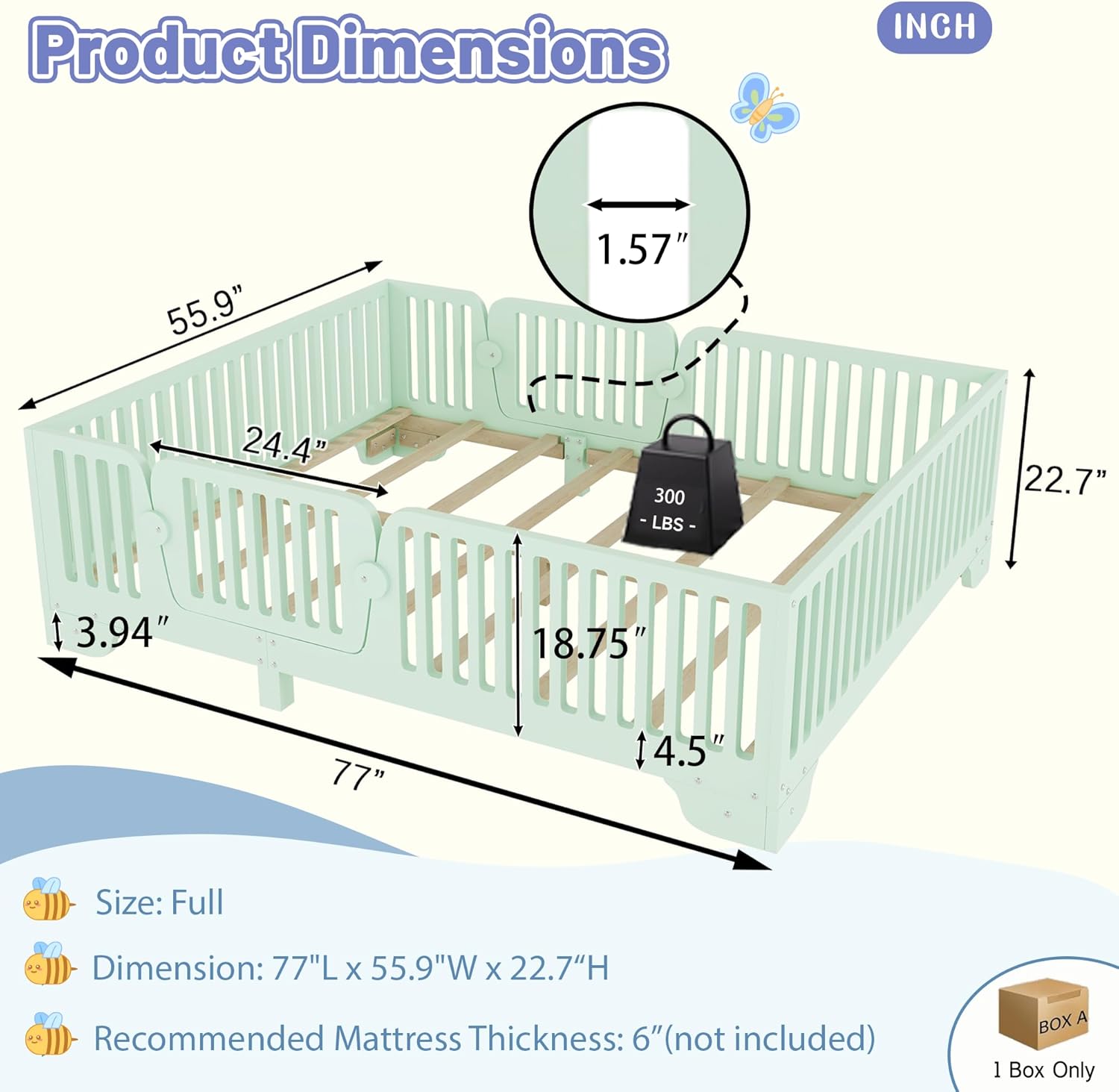 Full Size Floor Bed with High Fence Rails, Wooden Montessori Bed Frame with Detachable Door & Slats, Low Profile Beds for Kids, Boys and Girls, No Box Spring Needed, Mint Green