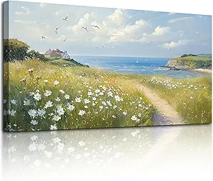 SERIMINO Coastal Landscape Large Wall Art, Country Scenic Canvas Art Wall Decor, Meadow Wildflowers Nature Art Prints, Rustic House Decorations Living Room Bedroom Above Bed Wall Pictures 20"X40"