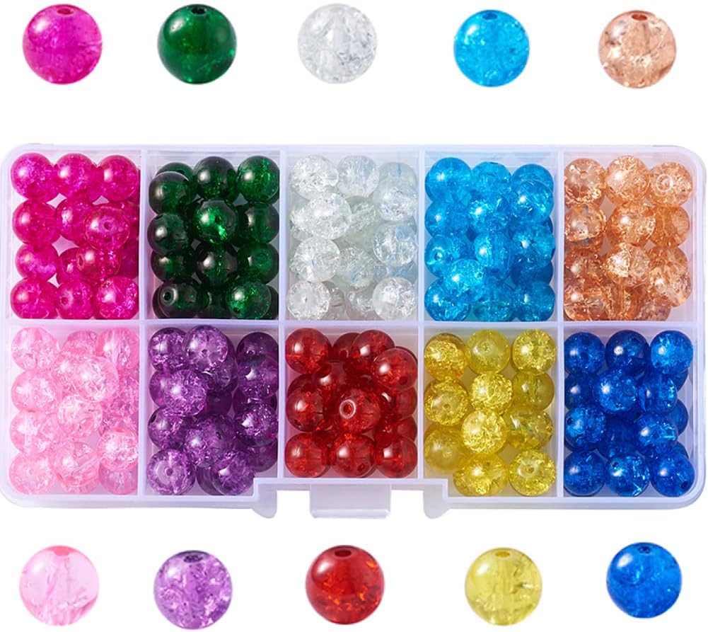 KISSITTY 200pcs 10 Colors 8mm Spray Painted Transparent Crackle Glass Round Beads 1.3mm Hole with Container Box for DIY Jewelry Making