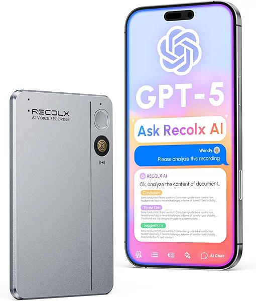 RECOLX AI Voice Recorder, App Control, Transcribe & Summarize with 71 Pro Templates, Deep AI Analysis, Record Anytime Anywhere for Meetings, Work, Lectures, 112 Languages,Grey