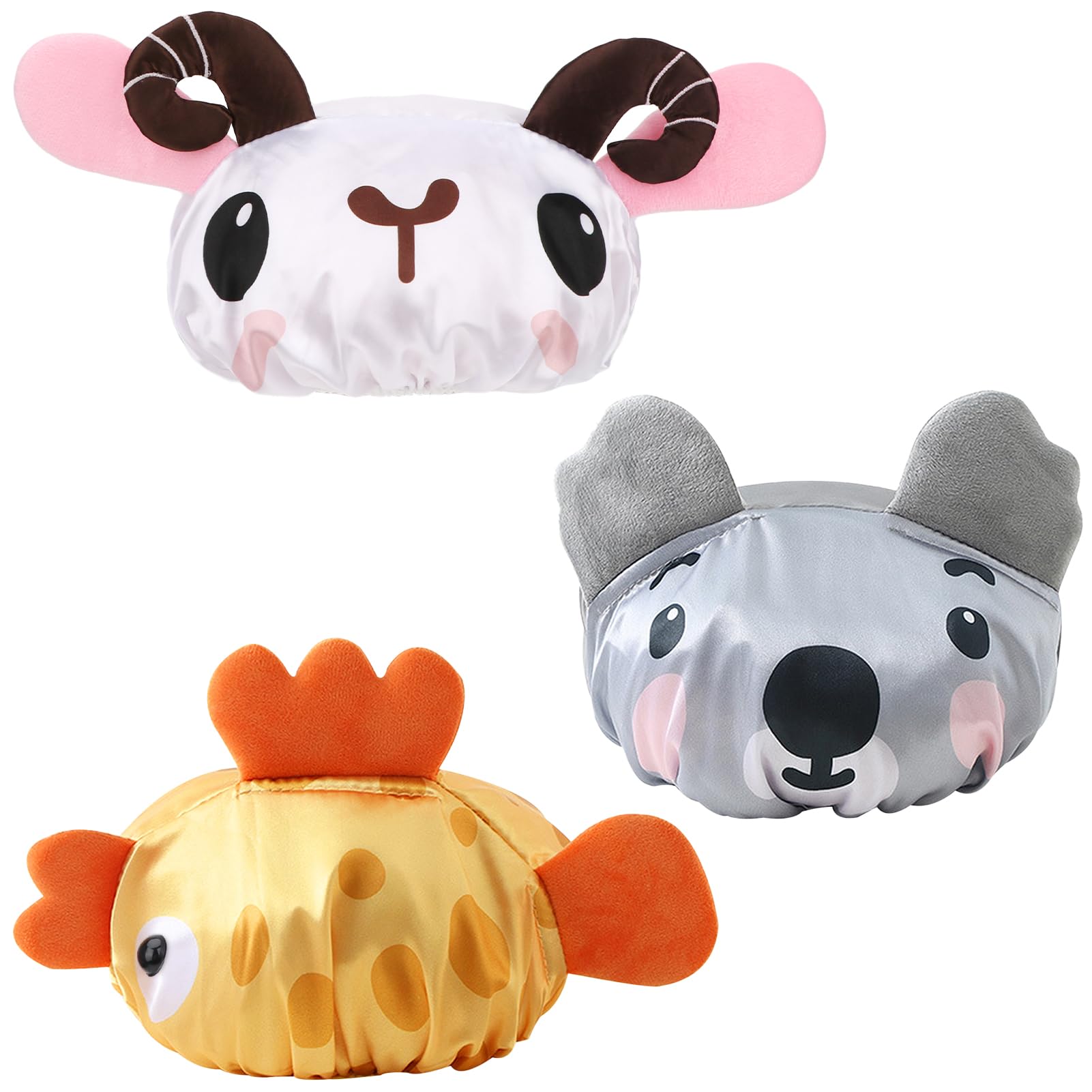 kilofly 3pc Fun Cute Animal Shower Caps for Kids Reusable Waterproof Bath Hat Set