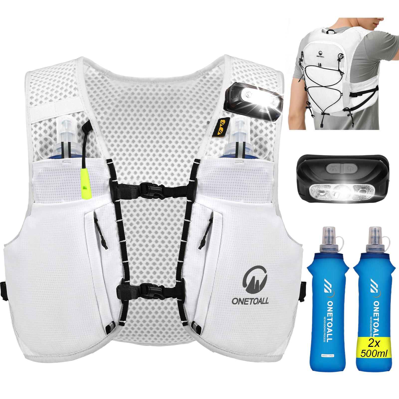ONETOALL Gilet d'Hydratation Réfléchissant avec 2 Bouteilles 500ml - Sac à Dos de Course pour Homme Femme - Veste Running pour Marathon, Trail, Jogging - 2