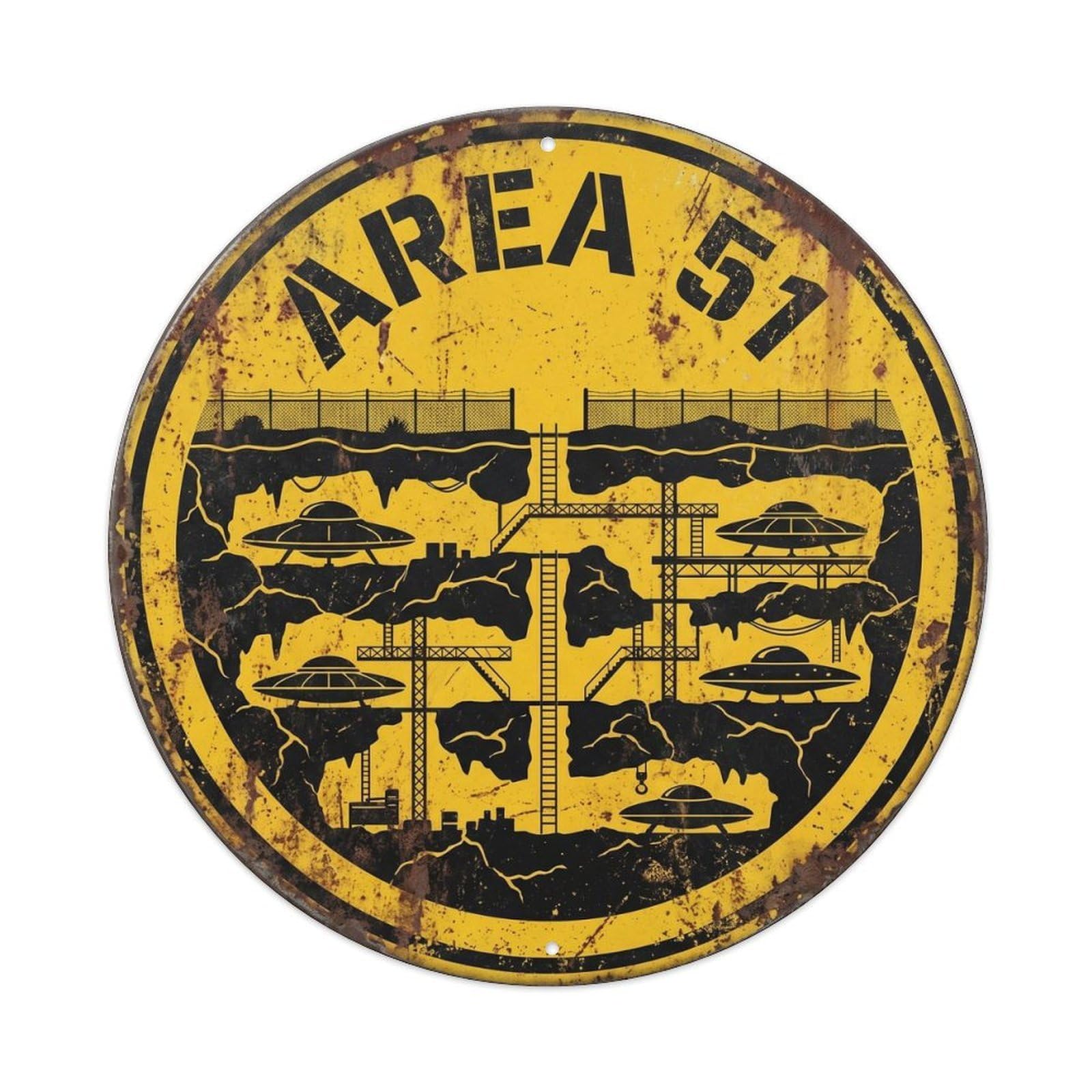 Area 51 Alien Underground Facility UFO Mystery Cosmic Metal Tin Sign Plaque Wall Decor for Cafe, Man Cave, Club Bar, Office, Home Garden Round Metal Poster 8x8Inch