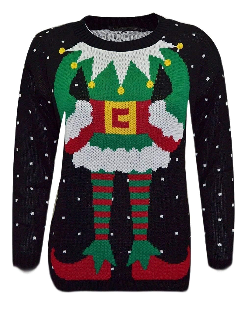 Girlzwalk Women's Black Santa Novelty Christmas Xmas Elf Knitted Long Sweater Jumper (, Ml/Uk 12-14)
