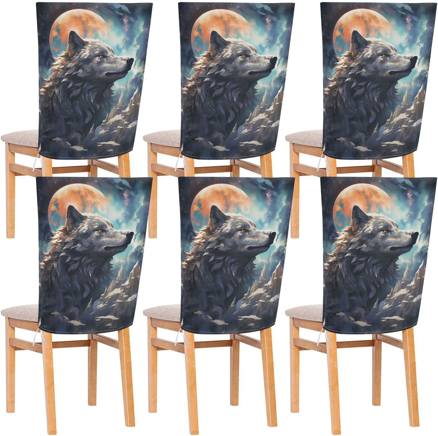 ALAZA Moon and Wolf in The Space Chair Back Cover Set of 6, Washable Reusable Removable Chair Slipcovers Decorative Chair Cover for Home Kitchen Wedding Party