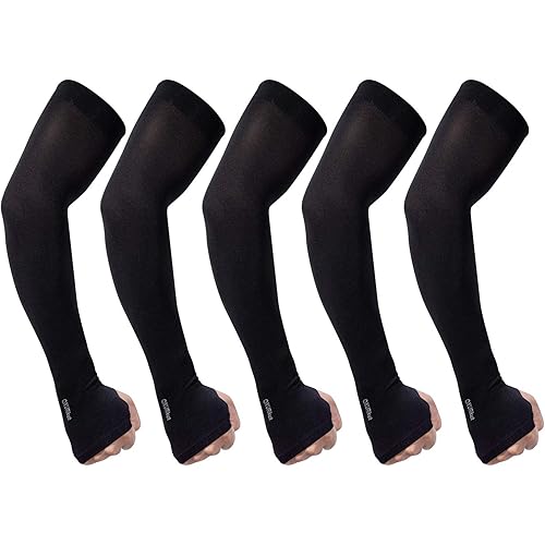 QXURkut Arm Sleeves for Women Men, 5 Pairs Cooling UPF50 UV Protection Sun Sleeves Sports Compression Sleeves to Cover Arms, Thumb Hole, Black