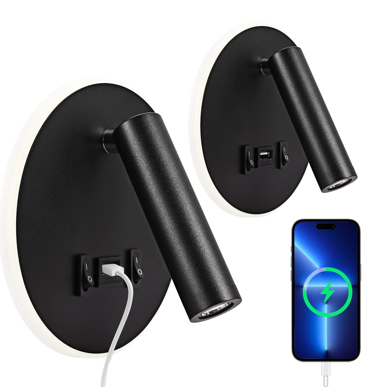 LED wandleuchte mit schalter, Innen Leseleuchte (3 W 3000K + 9 W 3000K), nachttischlampe am Bett wandmontage mit USB Ladeanschluss und Schalter, dimmbares Spot Schlafzimmer Stimmungslicht (2 Schwarz)