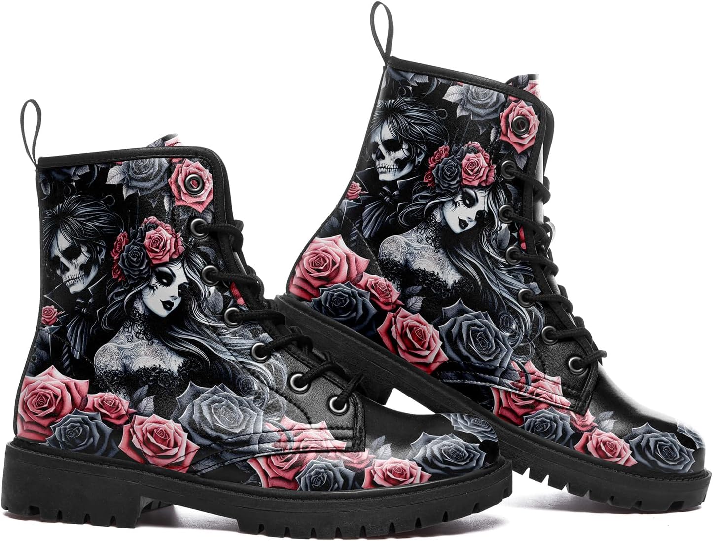 Women's Combat Ankle Boots, Heart Print Fashion Short Booties Rose and Skull Durable Lace-Up Work Boots, Gift For Her Lover - Image 4