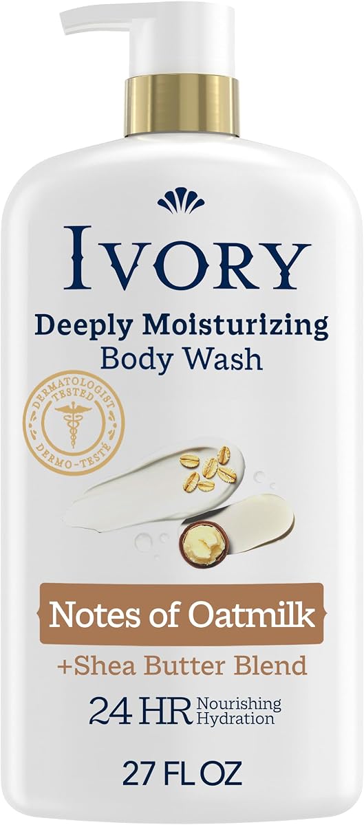 Ivory Body Wash, Deeply Moisturizing, 24hr Nourishing Hydration, Soothes Itchy Dry Skin, Made with Shea Butter Blend, Free of Dyes Heavy Perfumes Parabens & Phthalates, Oatmilk Scent, 27 oz
