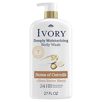 Ivory Body Wash, Deeply Moisturizing, 24hr Nourishing Hydration, Soothes Itchy Dry Skin, Made with Shea Butter Blend, Free of Dyes Heavy Perfumes Parabens & Phthalates, Oatmilk Scent, 27 oz