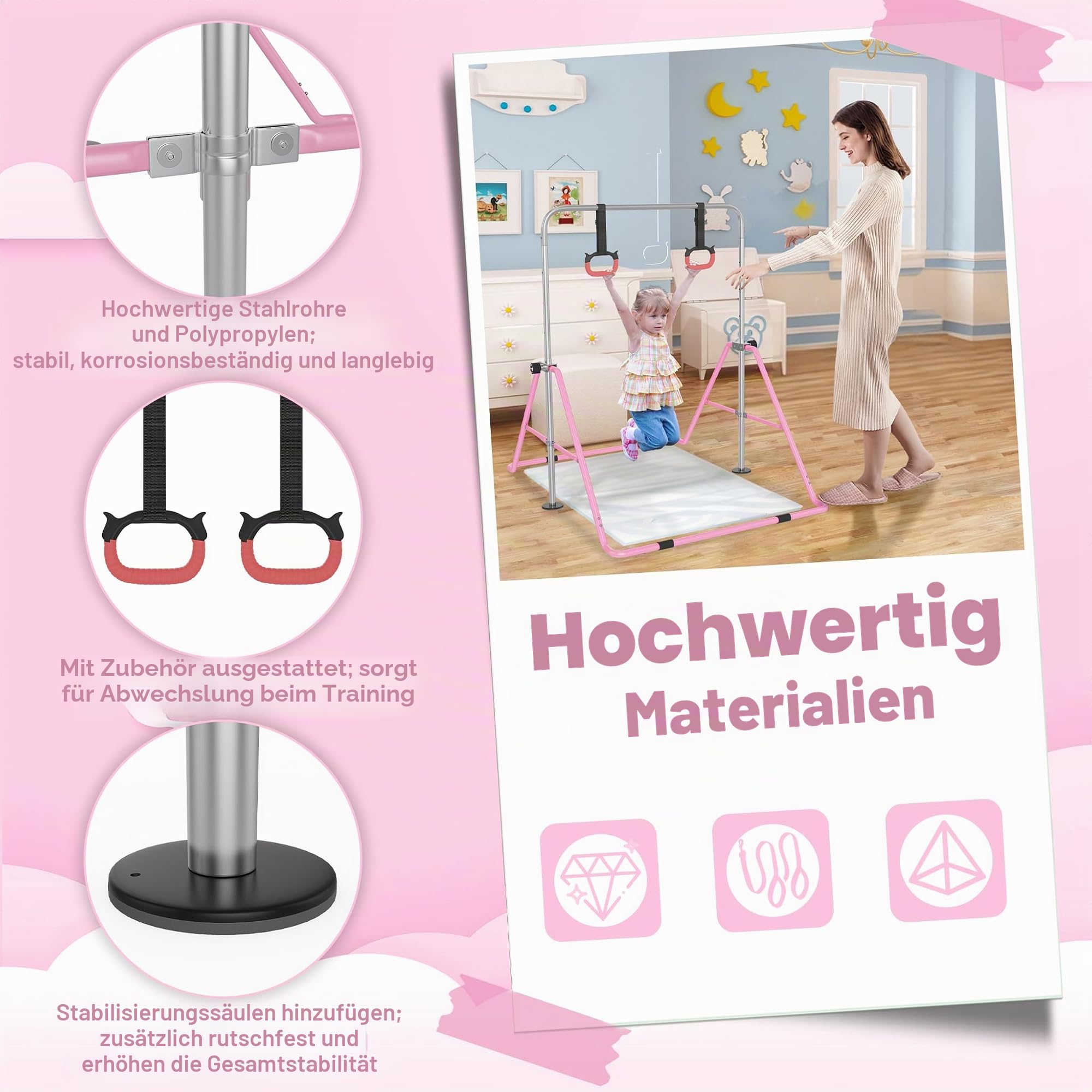 FIVMEN Reckstange Turnreck Indoor Turngeräte Turnstange für Zuhause Höhenverstellbar mit 2 Gymnastikringe Faltbarer Gymnastikstange Reckanlage