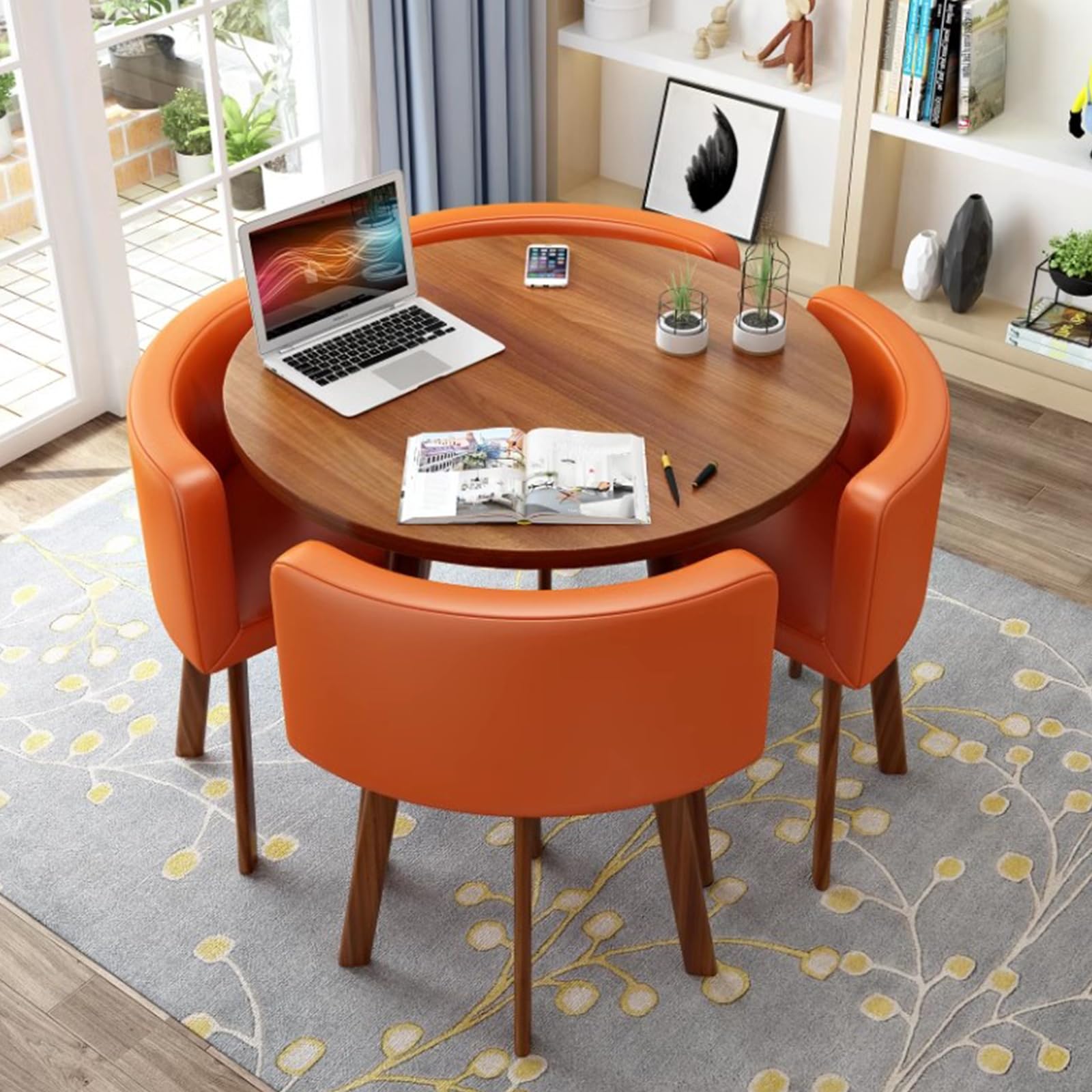 Moderno tavolo da pranzo rotondo con 4 sedie, elegante arredamento per cucina, soggiorno, ufficio e sala conferenze, diametro 80 cm, elegante decorazione