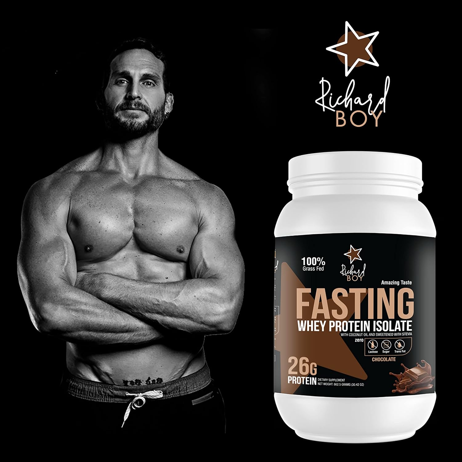 RICHARD BOY Fasting Whey Protein Isolate Chocolate Flavor- 100% Natural Powder -100% Grass-Fed -Gluten Free Keto -with Coconut Oil – Chocolate Shake (2 Pounds)