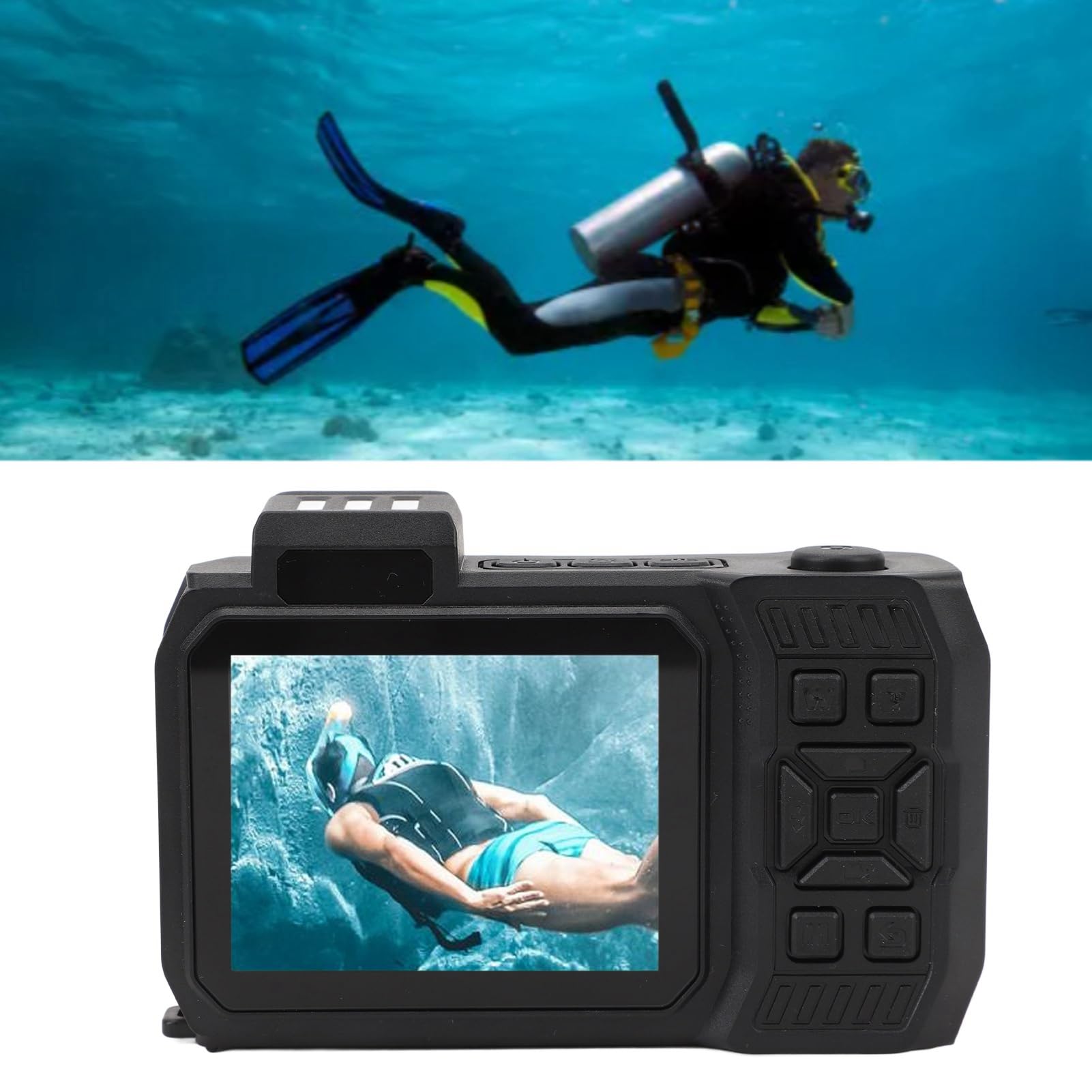 Appareil photo sous-marin 4K étanche 65 MP avec zoom 18x - Écran arrière de 2,88 pouces - Écran avant de 1,44 pouces - Batterie de 2500 mAh - Pour la plongée en apnée, la plongée, la plage
