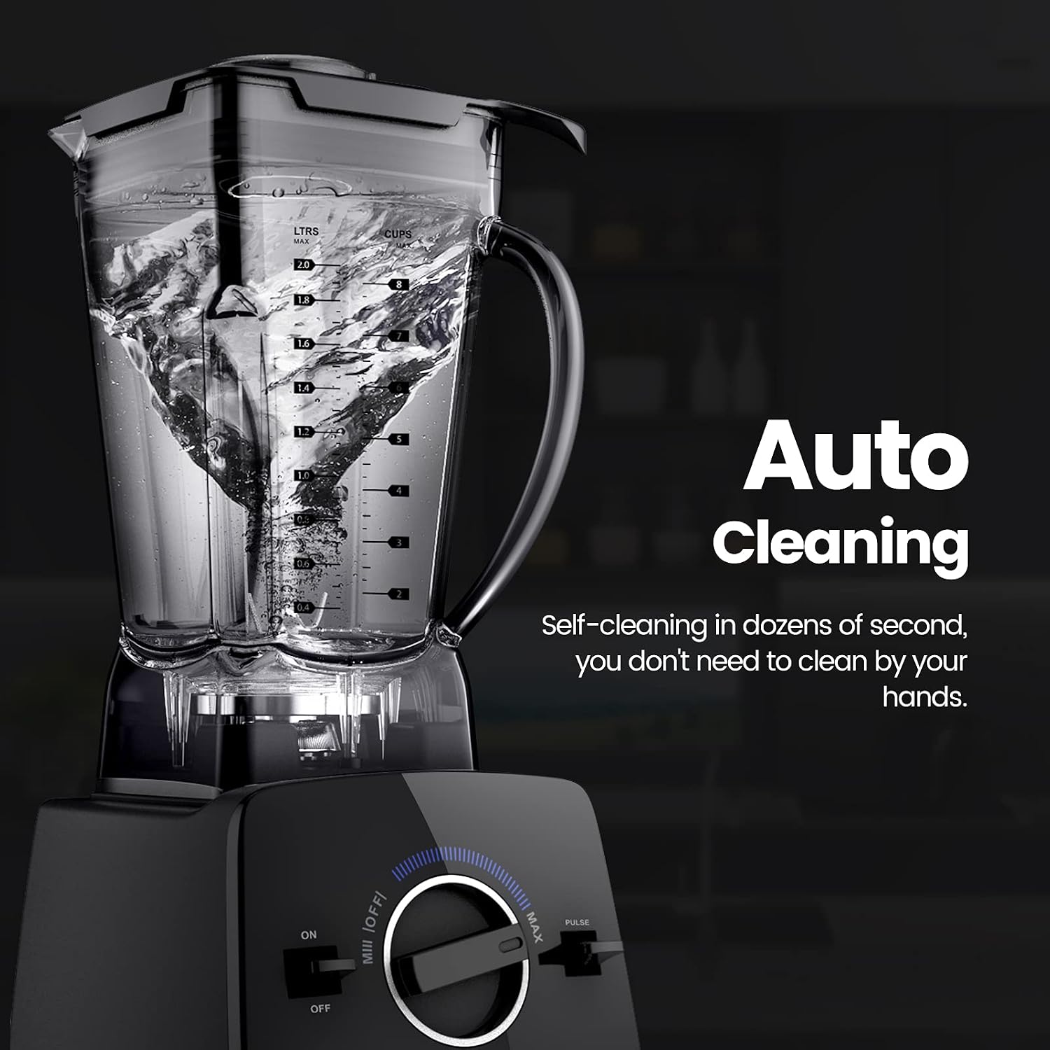 Anthter blender pitcher with water swirling inside, demonstrating the auto-cleaning function.