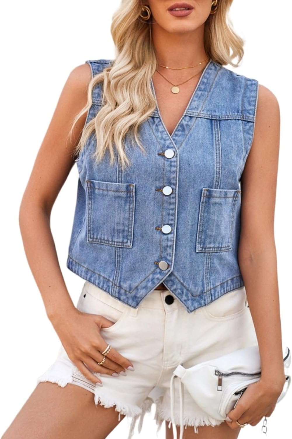 Denim Vest Top for Women Y2k Western Cowgirl Sleeveless V Neck Waistcoat Jacket Button Down Jean Crop Top