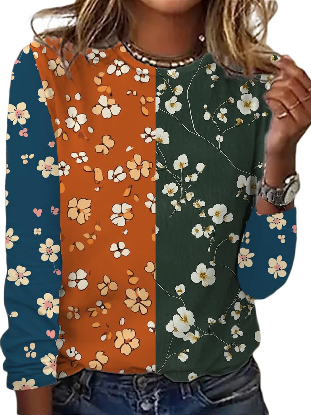 Womens 3/4 Sleeve Tops Boho Floral Print Splice Crewneck Casual Shirts for Women Vintage Trendy Blouse