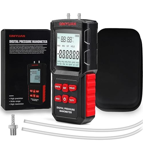 Manómetro de presión diferencial de manómetro digital, 2 tubos suaves de 31.5 pulgadas de largo, 13 unidades seleccionables, probador de presión de