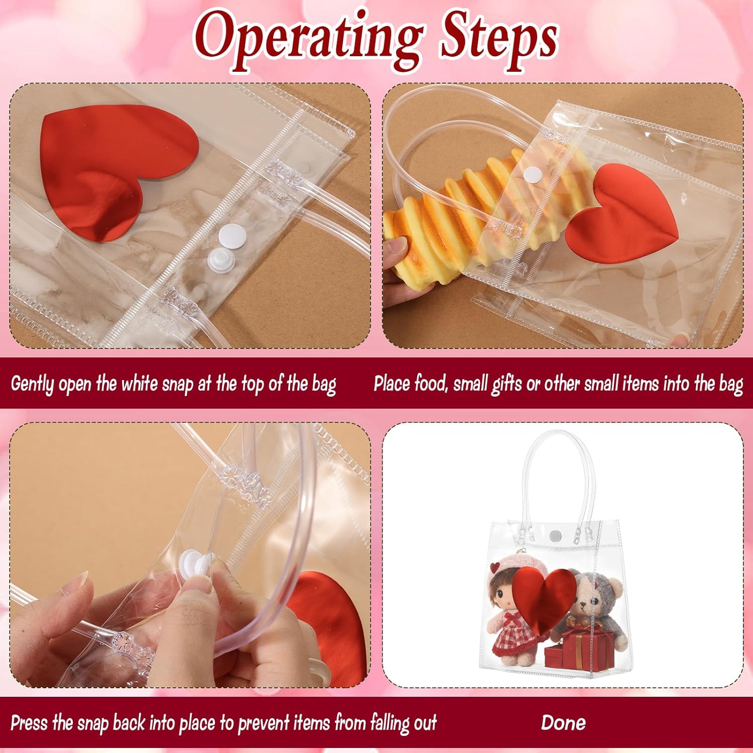 Foxtell 20 Pcs Valentine's Day Gift Bags with Handles, 6.3x5.9 Inch Clear Red Heart Plastic Bags, Reusable Transparent Gift Wrap Bags for Wedding, Birthday Party Favors & Small Business - Image 4