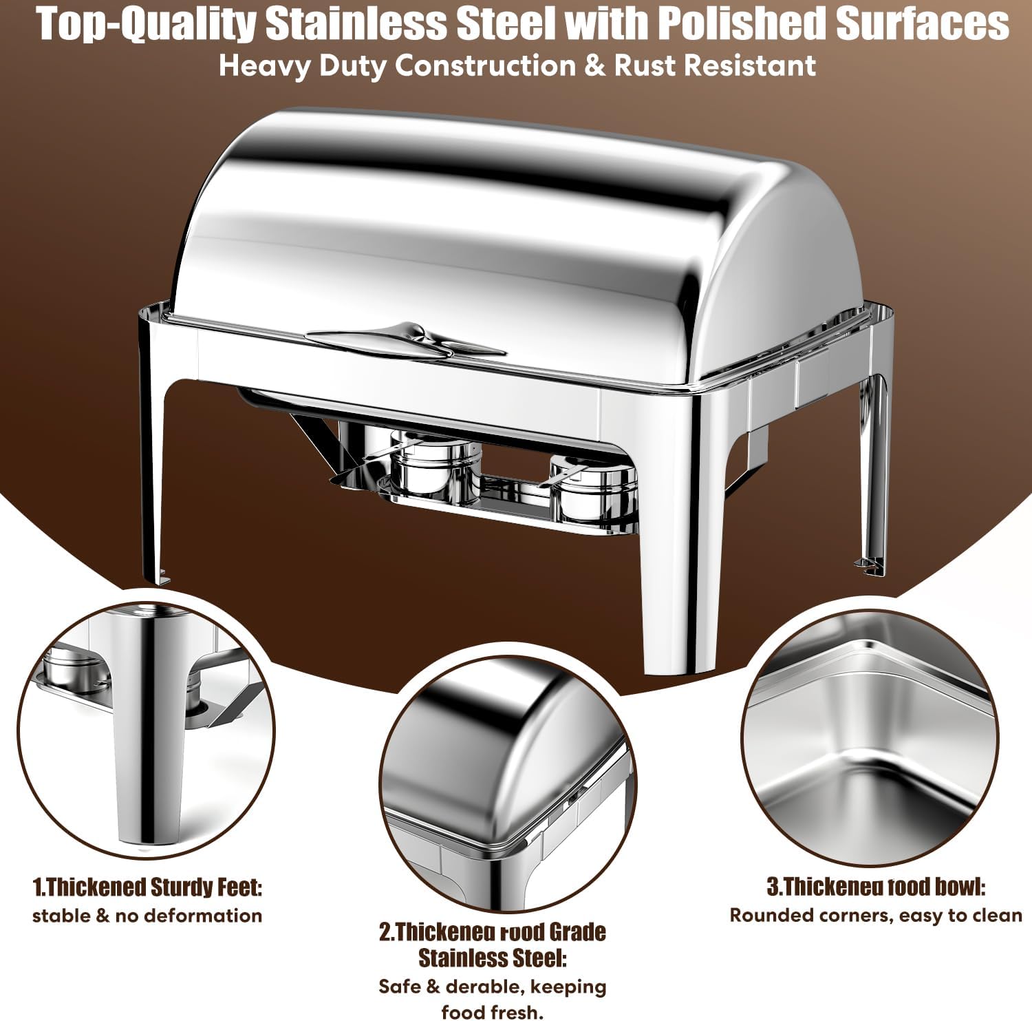 Roll Top Chafing Dishes for Buffet: Rectangular Catering Food Warmer for Parties Birthday Wedding Family Gathering with 1 Full Size & 2 Half-Size Buffet Server Dish& 14QT Water Pan
