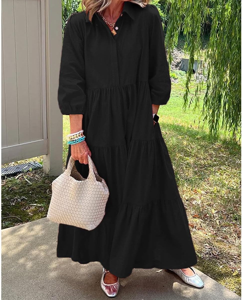 Casual Cotton Dresses for Women with Loose Fit,Women's Solid Color Lapel Neck Button Down 3/4 Sleeve Shirt Dress - Image 6