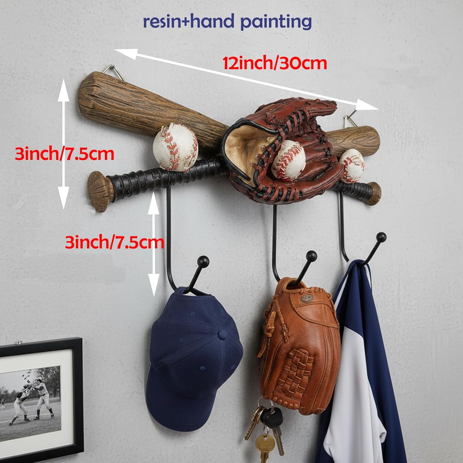 Baseball Coat Rack with 3 Hooks Resin Wall Decor for Boys Baseball Players,Coaches,Teen Fans Bedroom,Man Cave or Entryway (Brown)