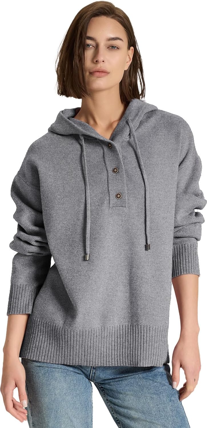 Womens Sweaters Soft Knit Pullover Henley Neck Long Sleeve Drawstring Button Front Casual Trendy Hoodies - Image 6