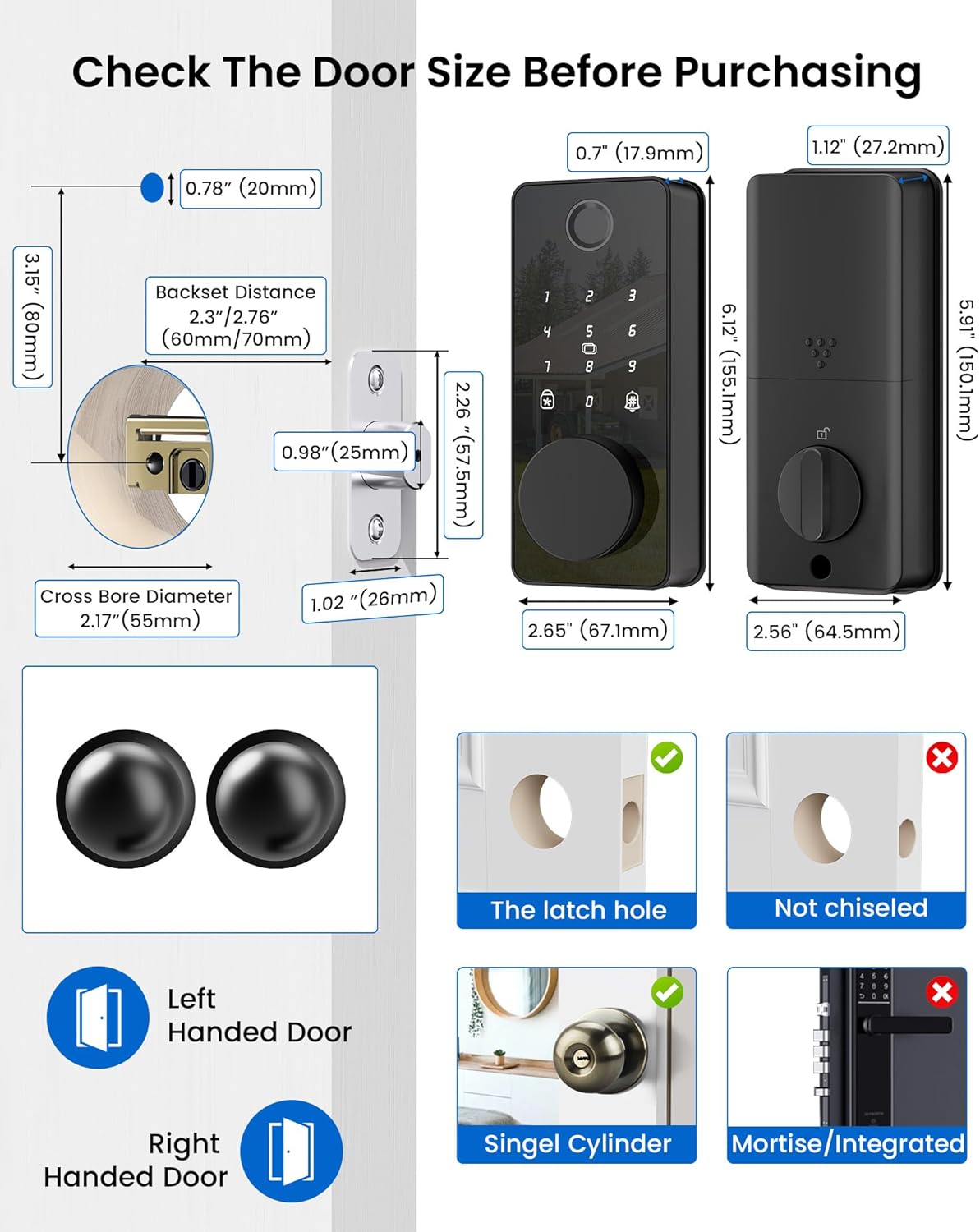 Smart Deadbolt Lock with 2 Knobs, 5-in-1 Keyless Entry Door Lock with Fingerprint, APP Control, Auto Lock, IP54 Waterproof, Temporary Passcode for Front Door