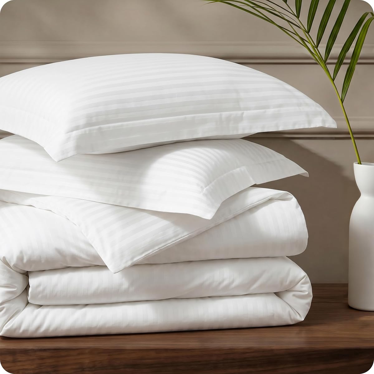 Bedsure Luxury Hotel Duvet Cover Queen Size, 100% White Cotton Jacquard Stripe Bedding Set, Includes 1 Duvet Cover 90x90 Inches with Zipper Closure & 2 Pillow Shams, Comforter Sold Separately