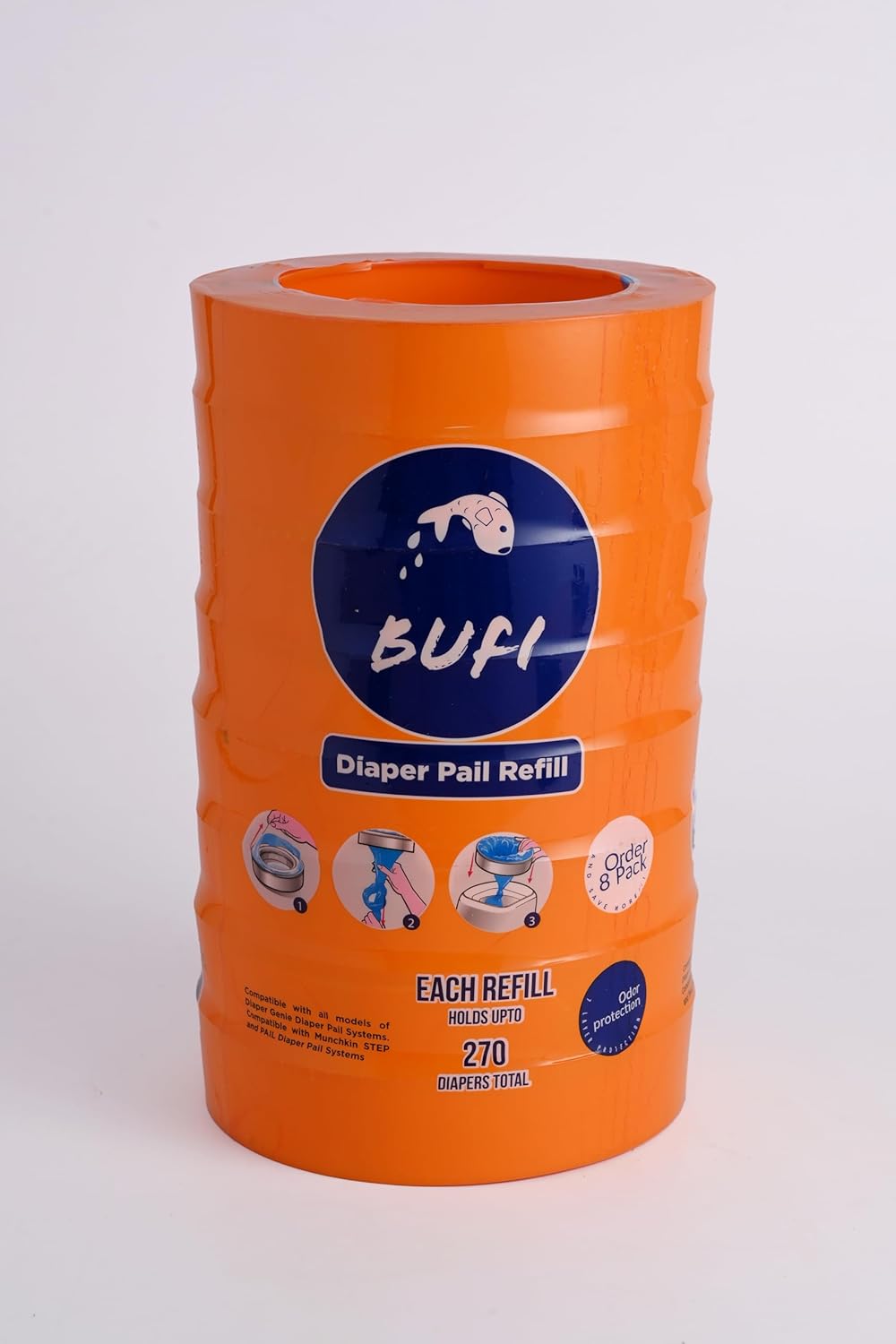 8 pack Daiper Pail Refill Bags value pack, Compatible with Diaper Genie, Unscented, Odor Protection, Baby Essentials, Holds up to 2160 newborn diapers (8 Pack of 270 Count)