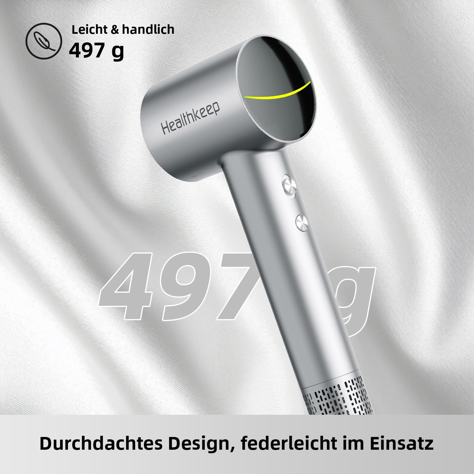 Healthkeep Föhn Negativen Ionen mit 2 diffusor, Haartrockner 200-Million-Ionen leise Fön(<78 dB) 1600W von 10.000 U/min Hochgeschwindigkeits Luftkanal, Haar Hair-Dryer Schnelltrocknende,Legierung