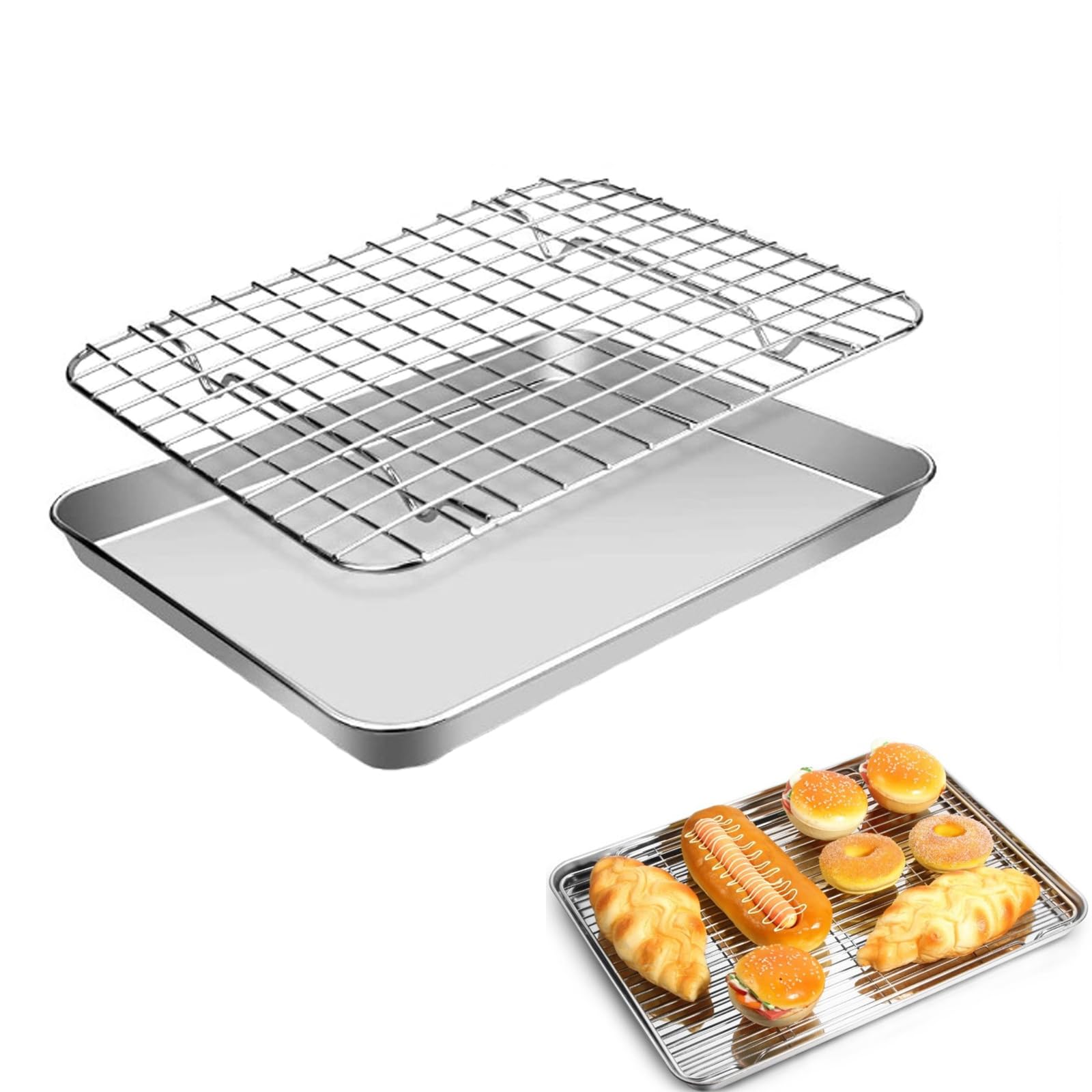 Bandeja Horno Acero Inoxidable 304 con Rejilla, Juego de 2 Piezas para Hornear y Enfriar, Sin Recubrimiento, Bordes Altos, Apta para Lavavajillas, 40 x 30 cm